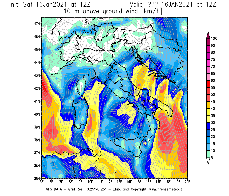 Mappa di analisi GFS - Velocità del vento a 10 metri dal suolo [km/h] in Italia
							del 16/01/2021 12 <!--googleoff: index-->UTC<!--googleon: index-->