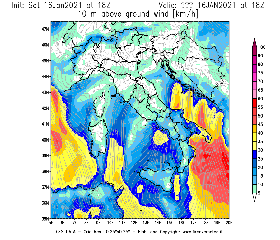 Mappa di analisi GFS - Velocità del vento a 10 metri dal suolo [km/h] in Italia
							del 16/01/2021 18 <!--googleoff: index-->UTC<!--googleon: index-->
