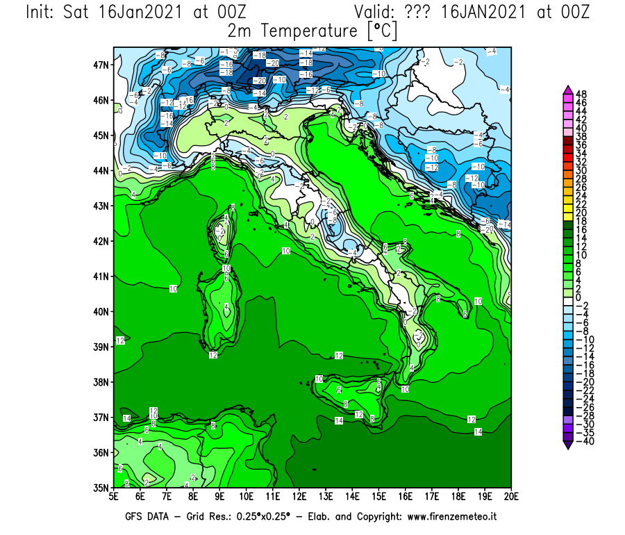 Mappa di analisi GFS - Temperatura a 2 metri dal suolo [°C] in Italia
							del 16/01/2021 00 <!--googleoff: index-->UTC<!--googleon: index-->