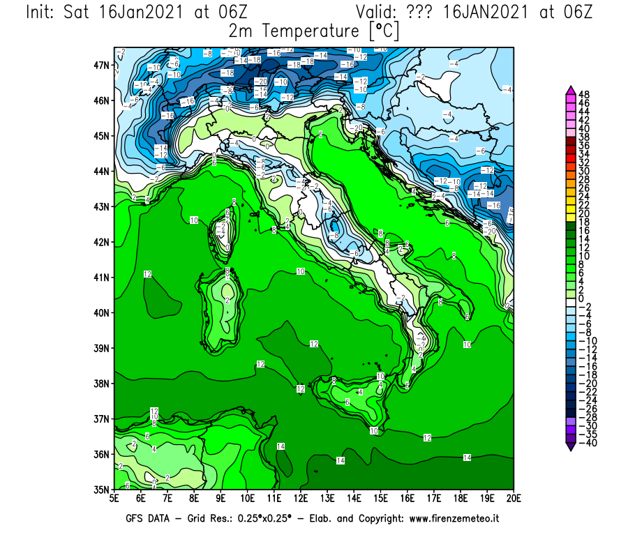 Mappa di analisi GFS - Temperatura a 2 metri dal suolo [°C] in Italia
							del 16/01/2021 06 <!--googleoff: index-->UTC<!--googleon: index-->