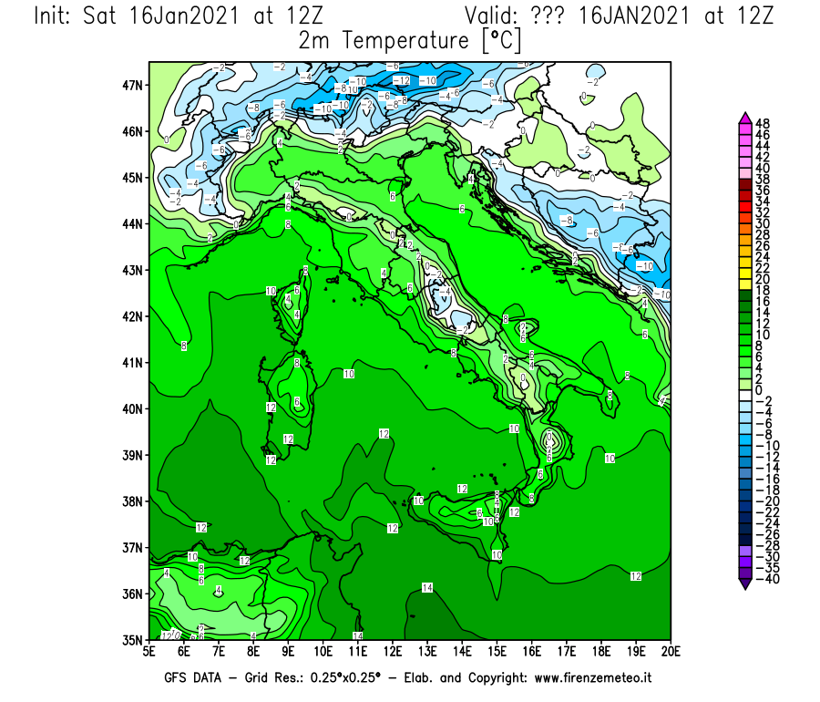 Mappa di analisi GFS - Temperatura a 2 metri dal suolo [°C] in Italia
							del 16/01/2021 12 <!--googleoff: index-->UTC<!--googleon: index-->