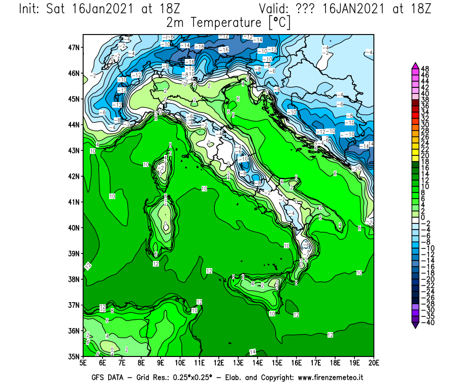 Mappa di analisi GFS - Temperatura a 2 metri dal suolo [°C] in Italia
							del 16/01/2021 18 <!--googleoff: index-->UTC<!--googleon: index-->