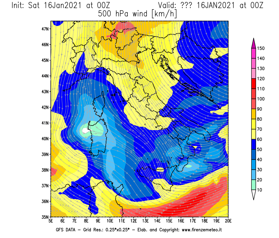 Mappa di analisi GFS - Velocità del vento a 500 hPa [km/h] in Italia
							del 16/01/2021 00 <!--googleoff: index-->UTC<!--googleon: index-->