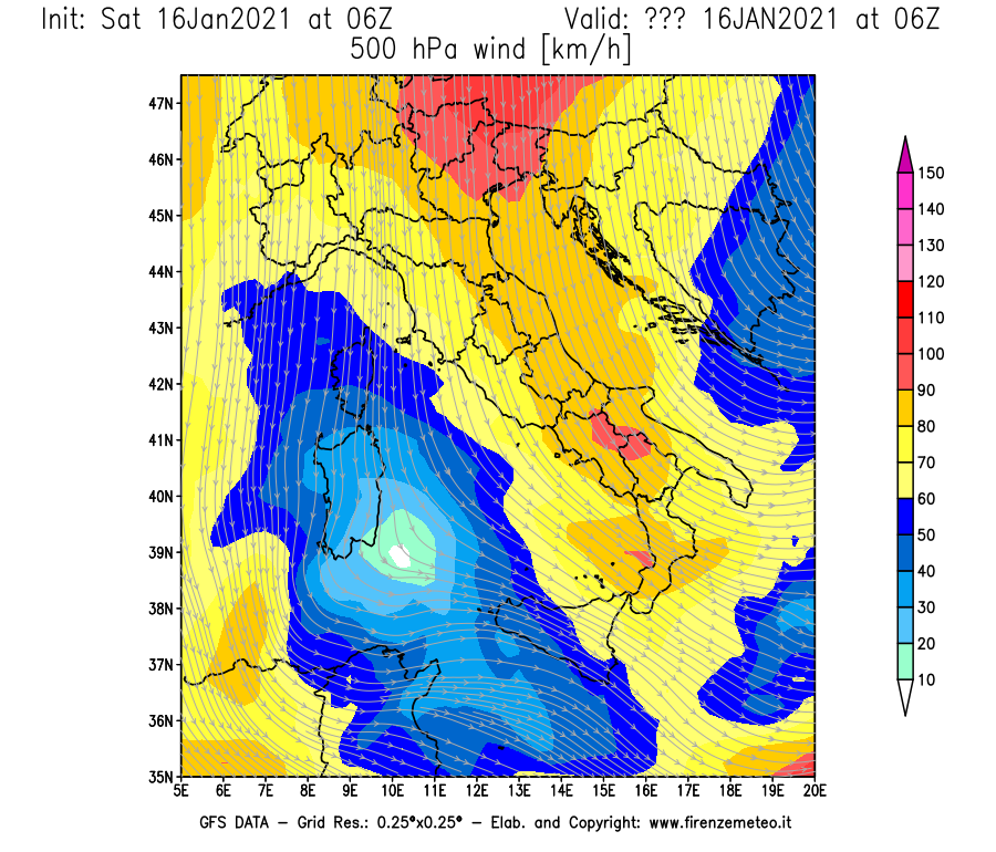 Mappa di analisi GFS - Velocità del vento a 500 hPa [km/h] in Italia
							del 16/01/2021 06 <!--googleoff: index-->UTC<!--googleon: index-->