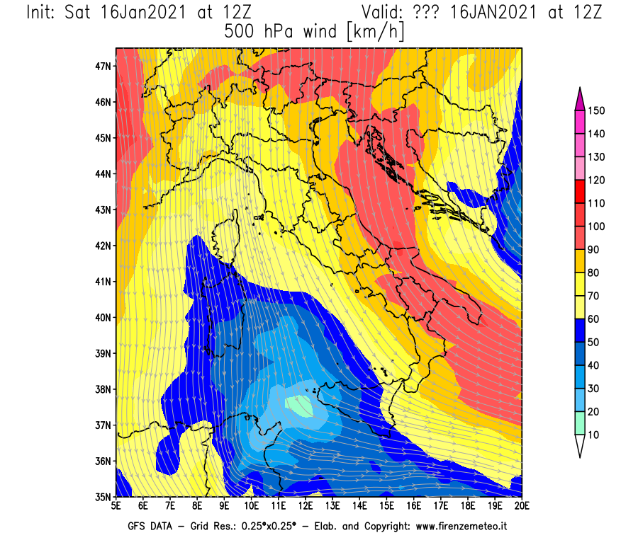 Mappa di analisi GFS - Velocità del vento a 500 hPa [km/h] in Italia
							del 16/01/2021 12 <!--googleoff: index-->UTC<!--googleon: index-->