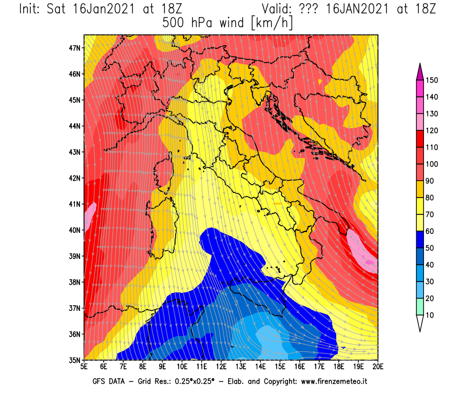Mappa di analisi GFS - Velocità del vento a 500 hPa [km/h] in Italia
							del 16/01/2021 18 <!--googleoff: index-->UTC<!--googleon: index-->