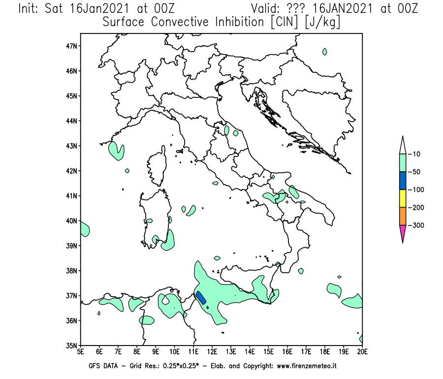 Mappa di analisi GFS - CIN [J/kg] in Italia
							del 16/01/2021 00 <!--googleoff: index-->UTC<!--googleon: index-->