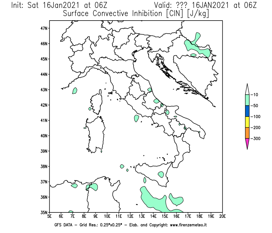Mappa di analisi GFS - CIN [J/kg] in Italia
							del 16/01/2021 06 <!--googleoff: index-->UTC<!--googleon: index-->