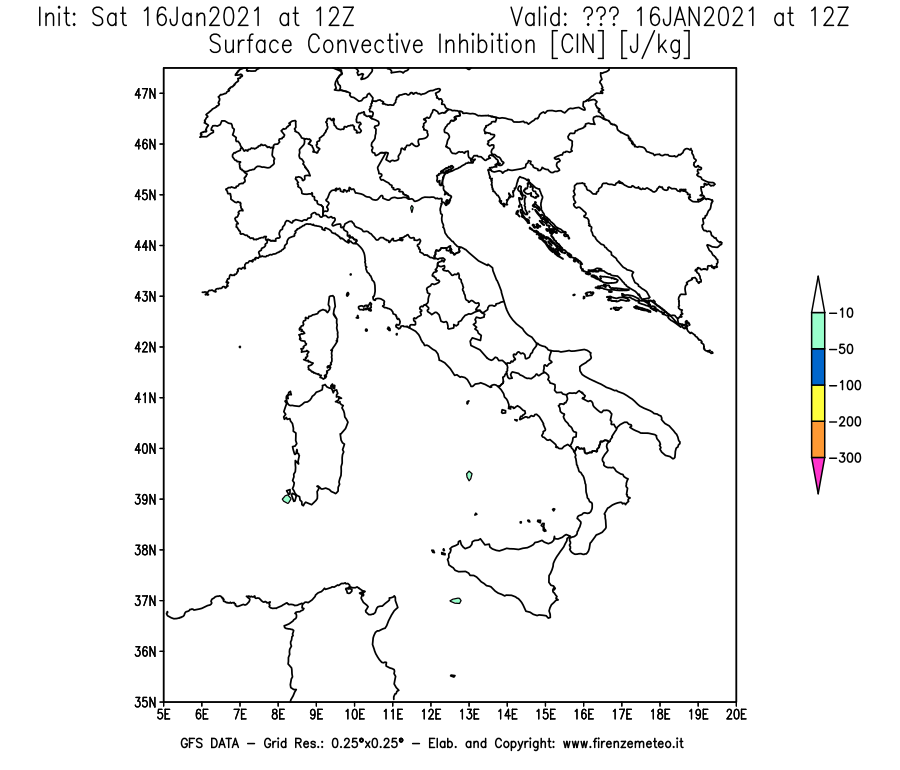 Mappa di analisi GFS - CIN [J/kg] in Italia
							del 16/01/2021 12 <!--googleoff: index-->UTC<!--googleon: index-->