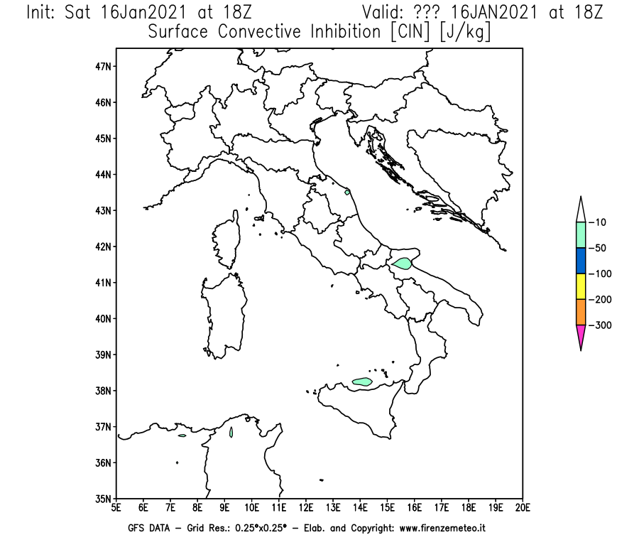 Mappa di analisi GFS - CIN [J/kg] in Italia
							del 16/01/2021 18 <!--googleoff: index-->UTC<!--googleon: index-->