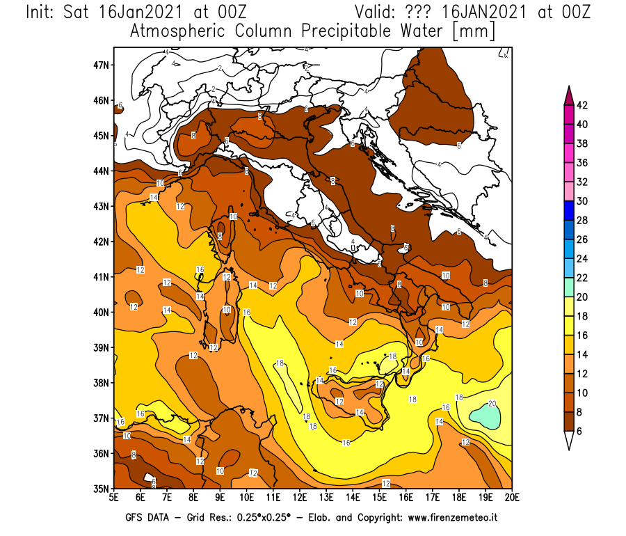 Mappa di analisi GFS - Precipitable Water [mm] in Italia
							del 16/01/2021 00 <!--googleoff: index-->UTC<!--googleon: index-->