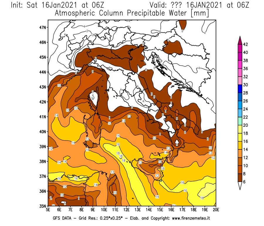 Mappa di analisi GFS - Precipitable Water [mm] in Italia
							del 16/01/2021 06 <!--googleoff: index-->UTC<!--googleon: index-->