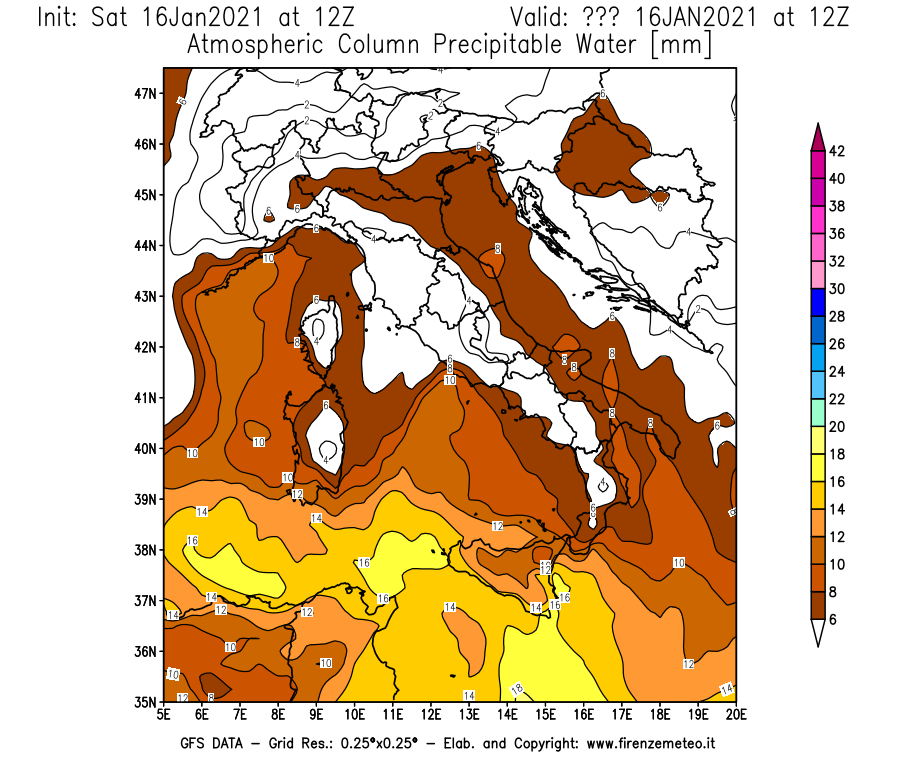 Mappa di analisi GFS - Precipitable Water [mm] in Italia
							del 16/01/2021 12 <!--googleoff: index-->UTC<!--googleon: index-->