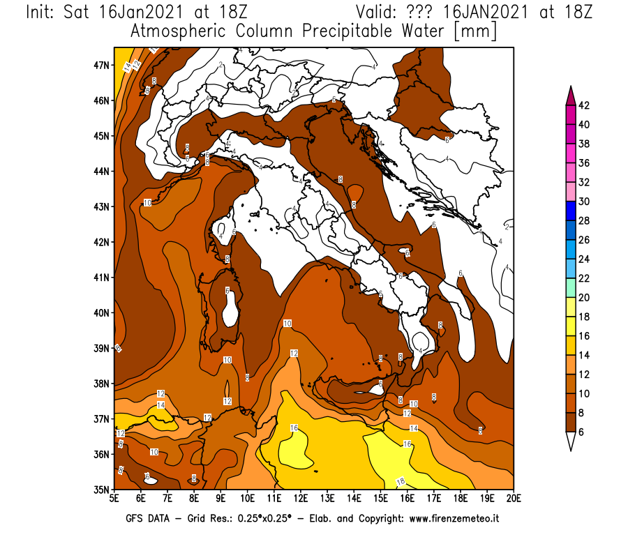 Mappa di analisi GFS - Precipitable Water [mm] in Italia
							del 16/01/2021 18 <!--googleoff: index-->UTC<!--googleon: index-->