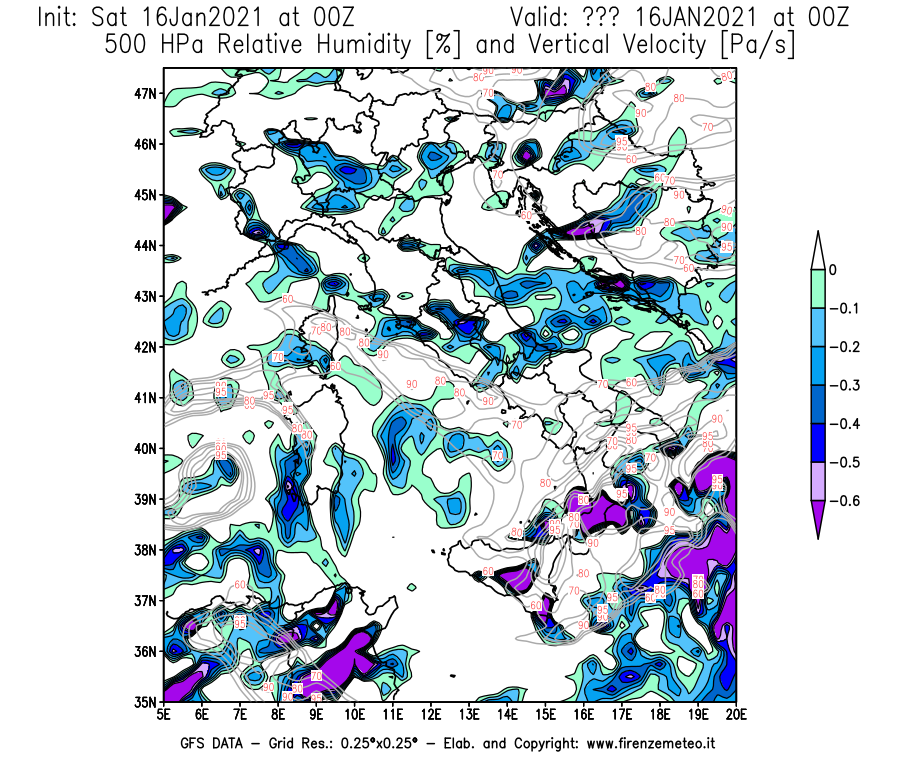 Mappa di analisi GFS - Umidità relativa [%] e Omega [Pa/s] a 500 hPa in Italia
							del 16/01/2021 00 <!--googleoff: index-->UTC<!--googleon: index-->