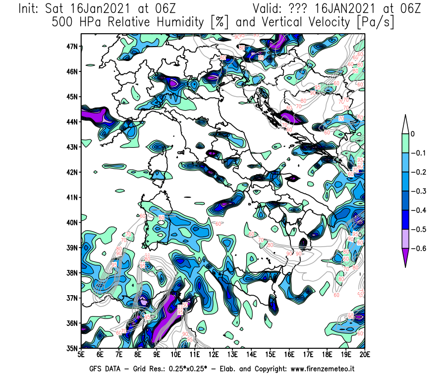 Mappa di analisi GFS - Umidità relativa [%] e Omega [Pa/s] a 500 hPa in Italia
							del 16/01/2021 06 <!--googleoff: index-->UTC<!--googleon: index-->