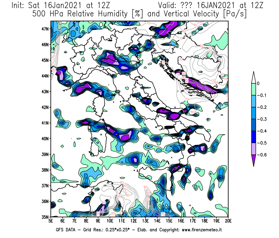 Mappa di analisi GFS - Umidità relativa [%] e Omega [Pa/s] a 500 hPa in Italia
							del 16/01/2021 12 <!--googleoff: index-->UTC<!--googleon: index-->