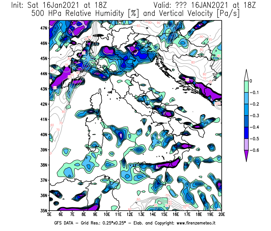 Mappa di analisi GFS - Umidità relativa [%] e Omega [Pa/s] a 500 hPa in Italia
							del 16/01/2021 18 <!--googleoff: index-->UTC<!--googleon: index-->