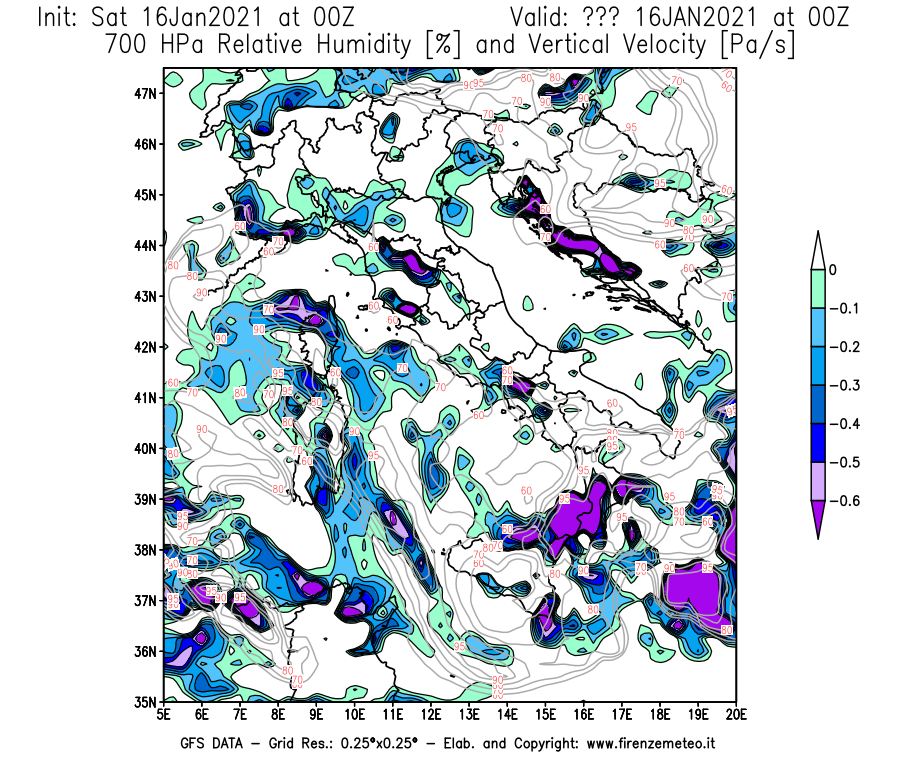 Mappa di analisi GFS - Umidità relativa [%] e Omega [Pa/s] a 700 hPa in Italia
							del 16/01/2021 00 <!--googleoff: index-->UTC<!--googleon: index-->