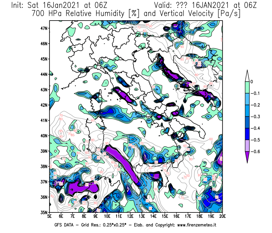 Mappa di analisi GFS - Umidità relativa [%] e Omega [Pa/s] a 700 hPa in Italia
							del 16/01/2021 06 <!--googleoff: index-->UTC<!--googleon: index-->