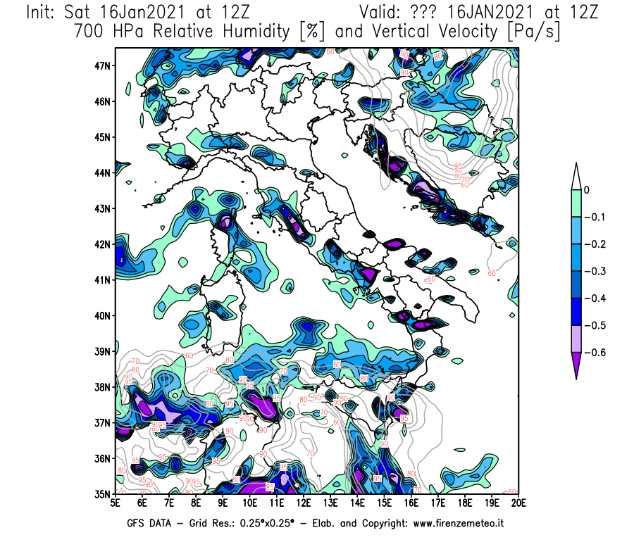 Mappa di analisi GFS - Umidità relativa [%] e Omega [Pa/s] a 700 hPa in Italia
							del 16/01/2021 12 <!--googleoff: index-->UTC<!--googleon: index-->