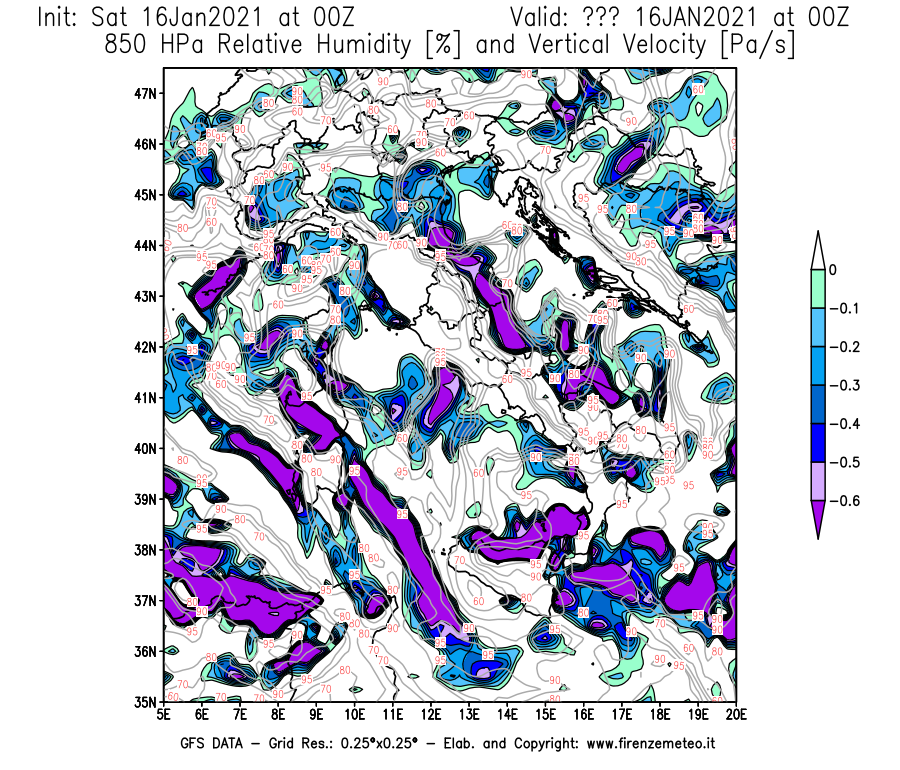 Mappa di analisi GFS - Umidità relativa [%] e Omega [Pa/s] a 850 hPa in Italia
							del 16/01/2021 00 <!--googleoff: index-->UTC<!--googleon: index-->