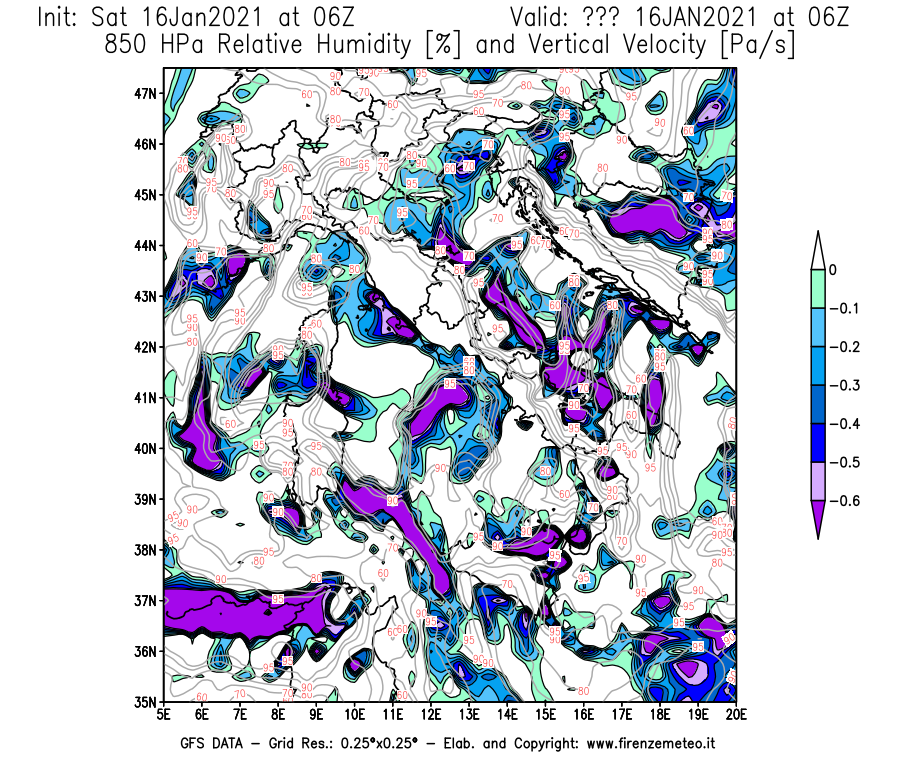 Mappa di analisi GFS - Umidità relativa [%] e Omega [Pa/s] a 850 hPa in Italia
							del 16/01/2021 06 <!--googleoff: index-->UTC<!--googleon: index-->