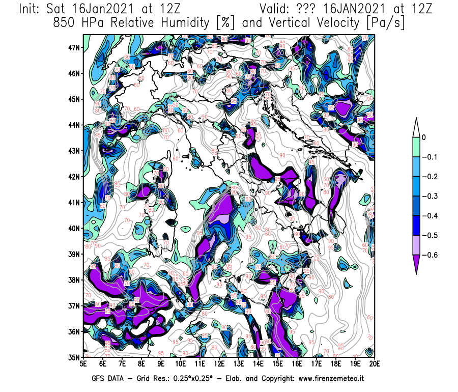 Mappa di analisi GFS - Umidità relativa [%] e Omega [Pa/s] a 850 hPa in Italia
							del 16/01/2021 12 <!--googleoff: index-->UTC<!--googleon: index-->
