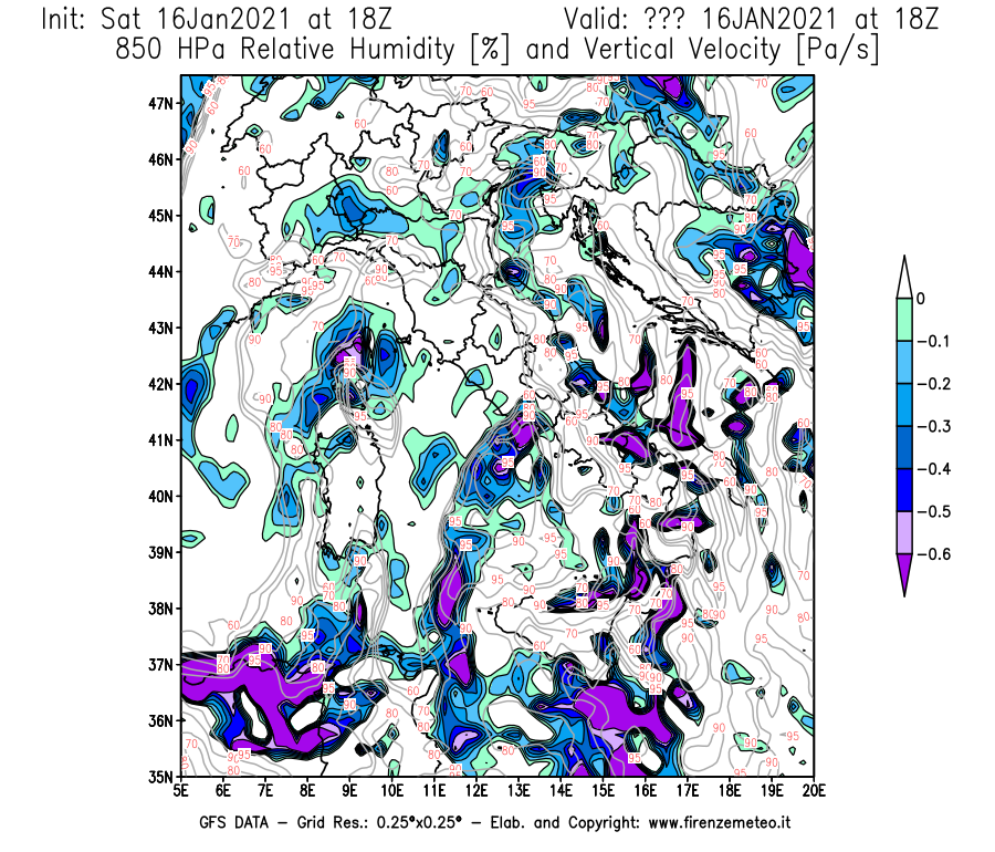 Mappa di analisi GFS - Umidità relativa [%] e Omega [Pa/s] a 850 hPa in Italia
							del 16/01/2021 18 <!--googleoff: index-->UTC<!--googleon: index-->