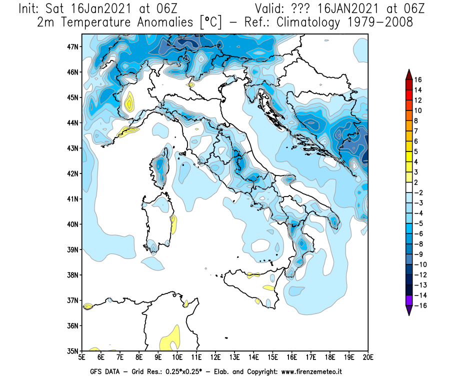 Mappa di analisi GFS - Anomalia Temperatura [°C] a 2 m in Italia
							del 16/01/2021 06 <!--googleoff: index-->UTC<!--googleon: index-->