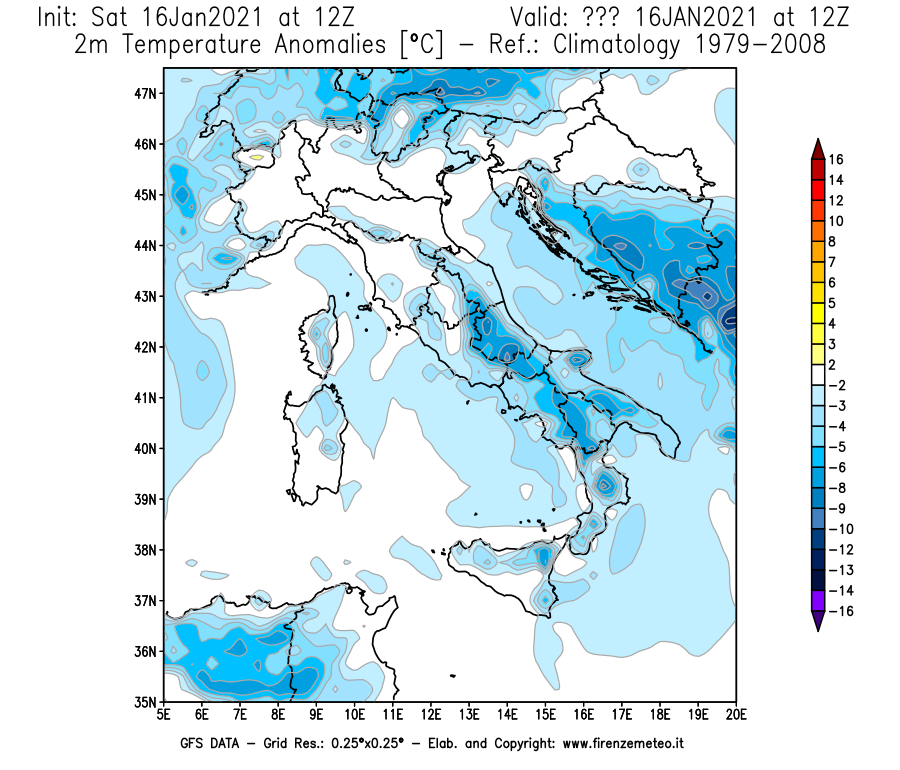 Mappa di analisi GFS - Anomalia Temperatura [°C] a 2 m in Italia
							del 16/01/2021 12 <!--googleoff: index-->UTC<!--googleon: index-->
