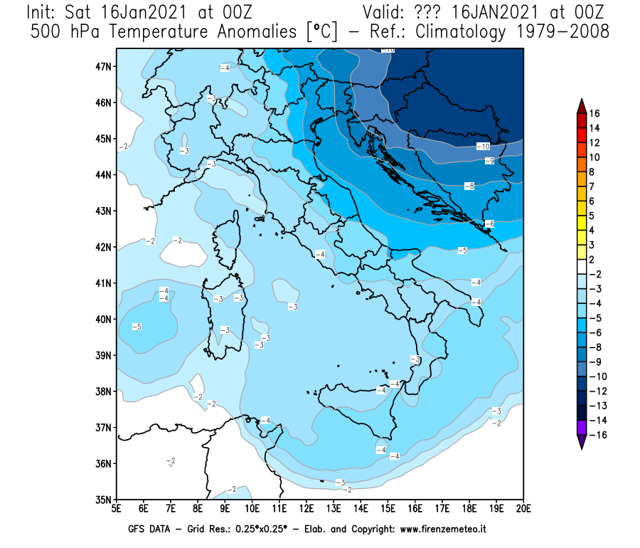 Mappa di analisi GFS - Anomalia Temperatura [°C] a 500 hPa in Italia
							del 16/01/2021 00 <!--googleoff: index-->UTC<!--googleon: index-->