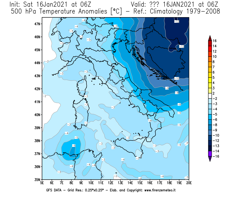 Mappa di analisi GFS - Anomalia Temperatura [°C] a 500 hPa in Italia
							del 16/01/2021 06 <!--googleoff: index-->UTC<!--googleon: index-->