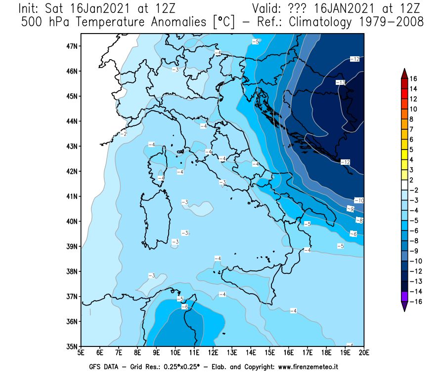 Mappa di analisi GFS - Anomalia Temperatura [°C] a 500 hPa in Italia
							del 16/01/2021 12 <!--googleoff: index-->UTC<!--googleon: index-->