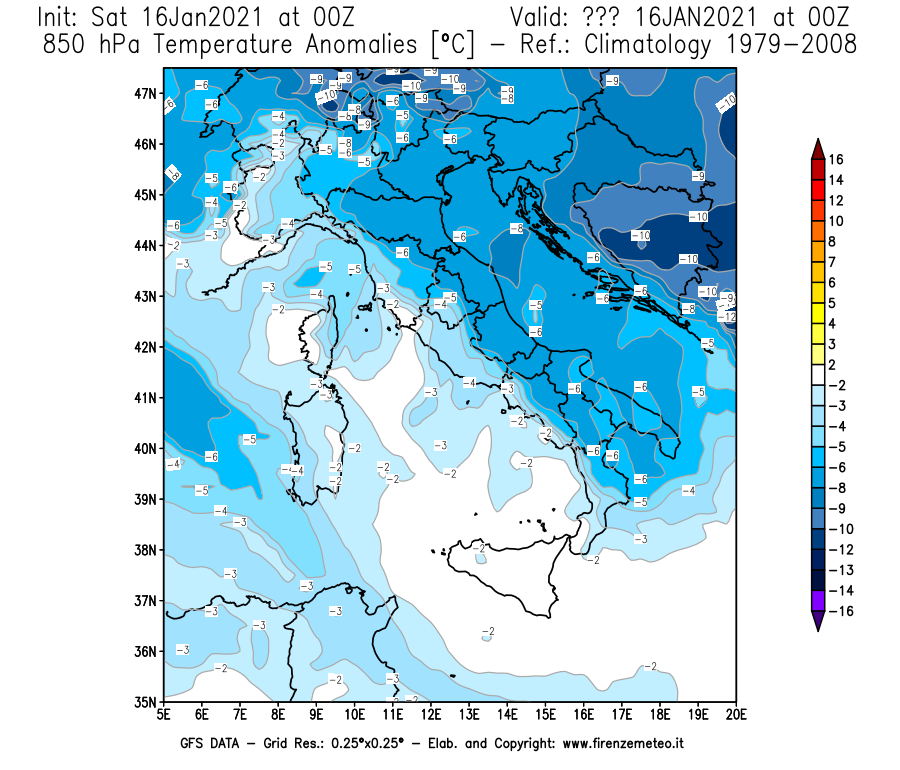 Mappa di analisi GFS - Anomalia Temperatura [°C] a 850 hPa in Italia
							del 16/01/2021 00 <!--googleoff: index-->UTC<!--googleon: index-->