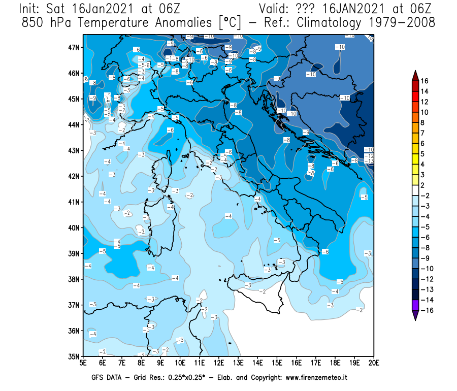 Mappa di analisi GFS - Anomalia Temperatura [°C] a 850 hPa in Italia
							del 16/01/2021 06 <!--googleoff: index-->UTC<!--googleon: index-->