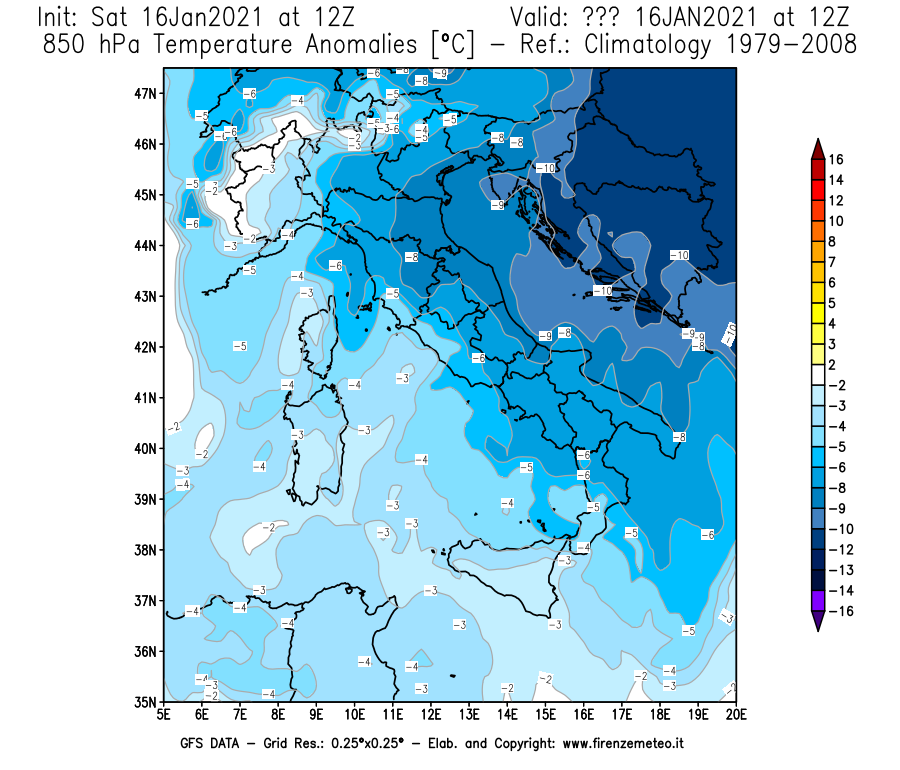 Mappa di analisi GFS - Anomalia Temperatura [°C] a 850 hPa in Italia
							del 16/01/2021 12 <!--googleoff: index-->UTC<!--googleon: index-->