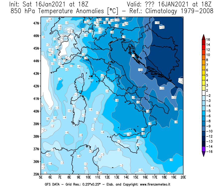 Mappa di analisi GFS - Anomalia Temperatura [°C] a 850 hPa in Italia
							del 16/01/2021 18 <!--googleoff: index-->UTC<!--googleon: index-->