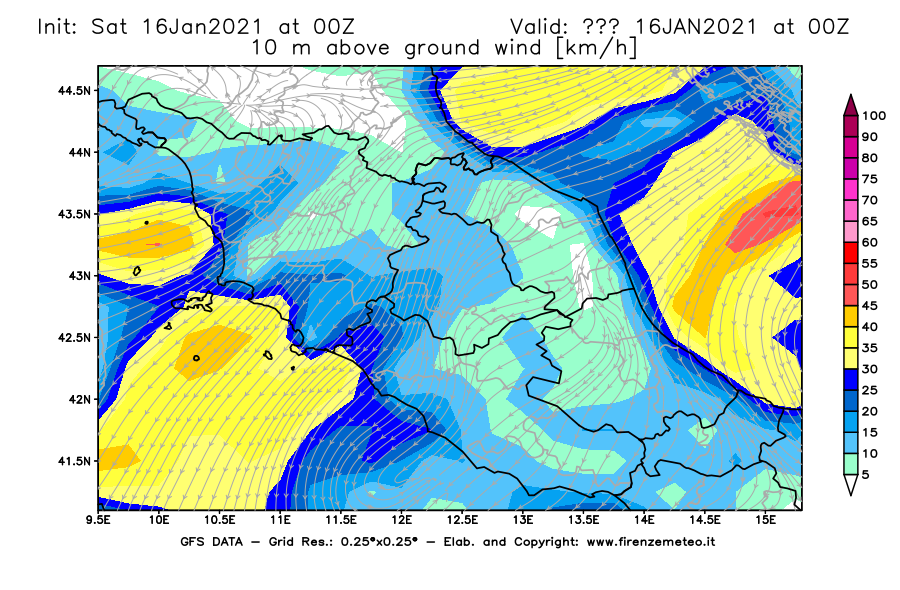 Mappa di analisi GFS - Velocità del vento a 10 metri dal suolo [km/h] in Centro-Italia
							del 16/01/2021 00 <!--googleoff: index-->UTC<!--googleon: index-->