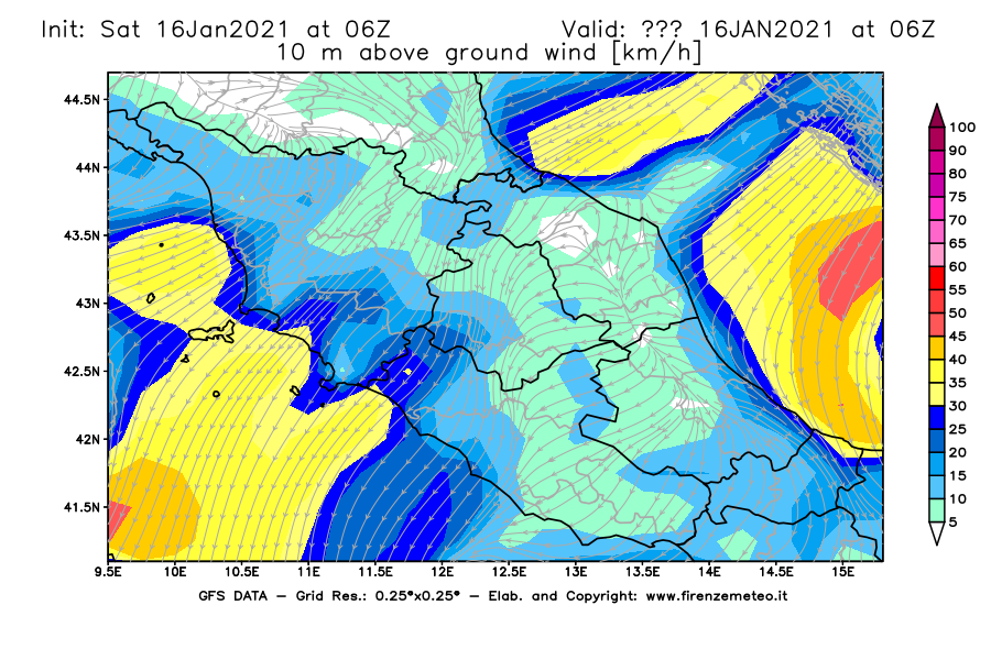 Mappa di analisi GFS - Velocità del vento a 10 metri dal suolo [km/h] in Centro-Italia
							del 16/01/2021 06 <!--googleoff: index-->UTC<!--googleon: index-->