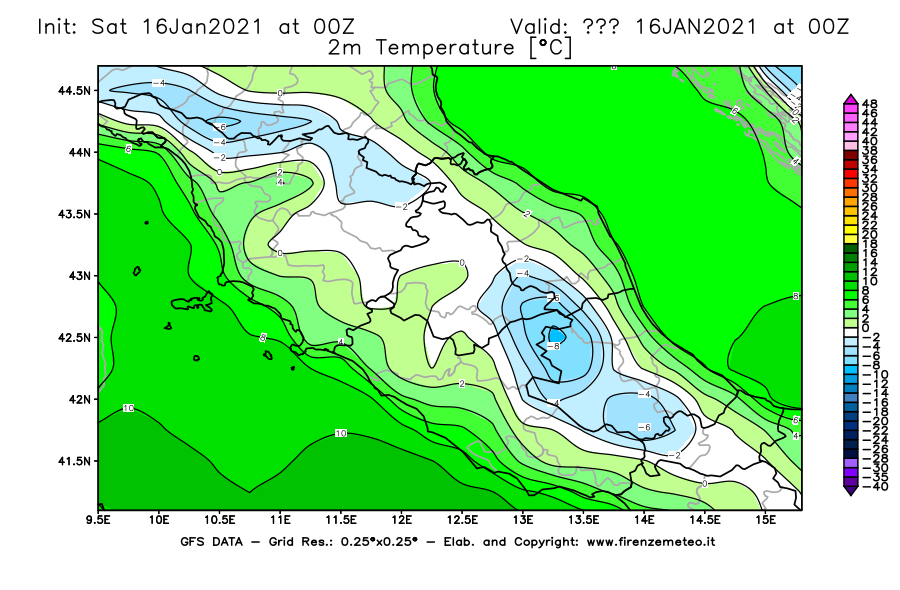 Mappa di analisi GFS - Temperatura a 2 metri dal suolo [°C] in Centro-Italia
							del 16/01/2021 00 <!--googleoff: index-->UTC<!--googleon: index-->