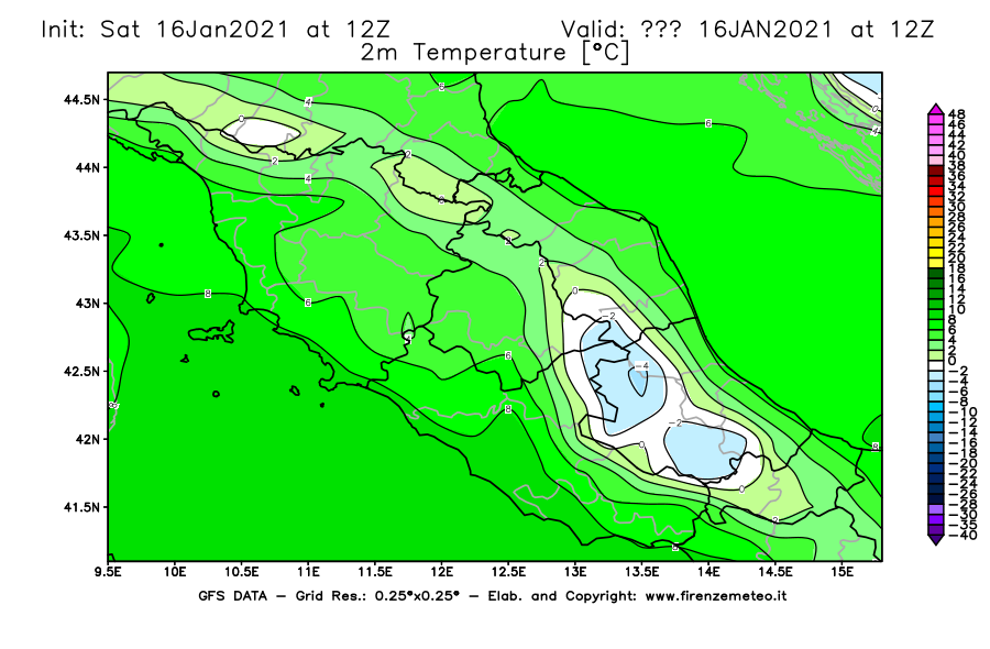 Mappa di analisi GFS - Temperatura a 2 metri dal suolo [°C] in Centro-Italia
							del 16/01/2021 12 <!--googleoff: index-->UTC<!--googleon: index-->