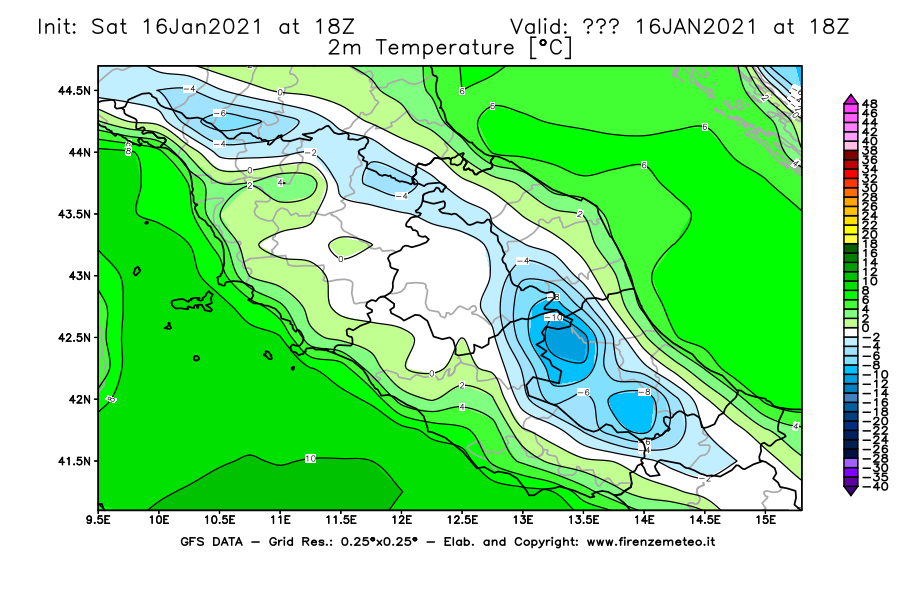 Mappa di analisi GFS - Temperatura a 2 metri dal suolo [°C] in Centro-Italia
							del 16/01/2021 18 <!--googleoff: index-->UTC<!--googleon: index-->