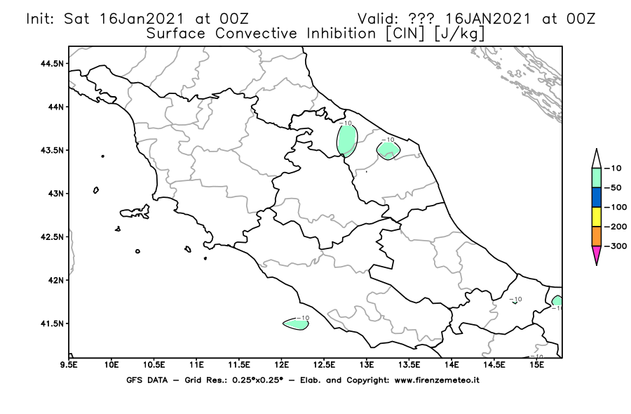 Mappa di analisi GFS - CIN [J/kg] in Centro-Italia
							del 16/01/2021 00 <!--googleoff: index-->UTC<!--googleon: index-->