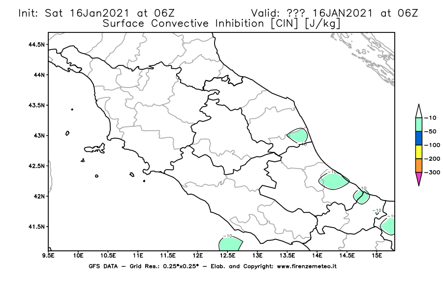 Mappa di analisi GFS - CIN [J/kg] in Centro-Italia
							del 16/01/2021 06 <!--googleoff: index-->UTC<!--googleon: index-->