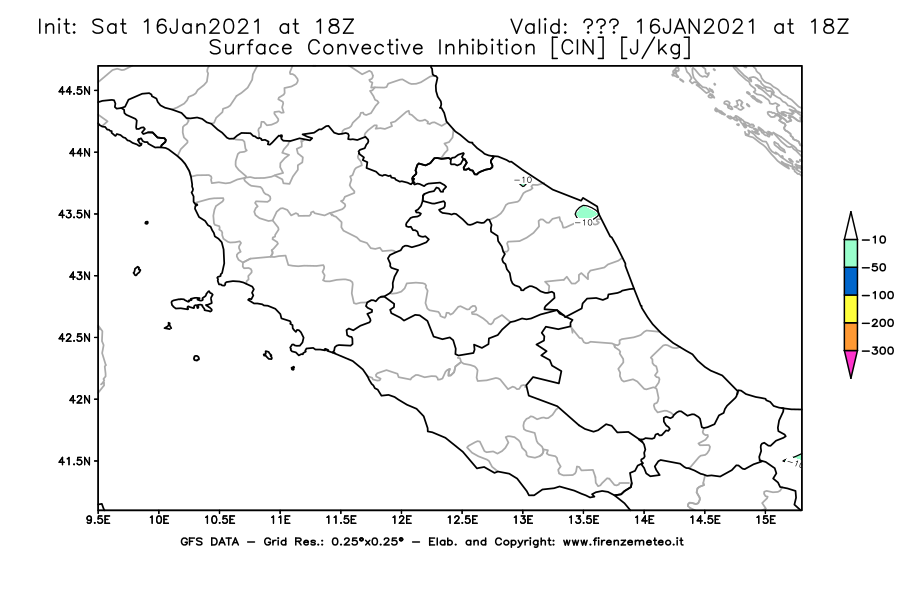 Mappa di analisi GFS - CIN [J/kg] in Centro-Italia
							del 16/01/2021 18 <!--googleoff: index-->UTC<!--googleon: index-->