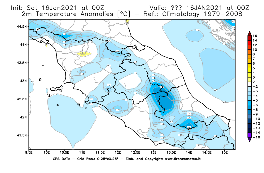 Mappa di analisi GFS - Anomalia Temperatura [°C] a 2 m in Centro-Italia
							del 16/01/2021 00 <!--googleoff: index-->UTC<!--googleon: index-->