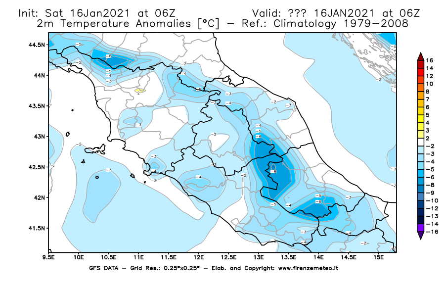Mappa di analisi GFS - Anomalia Temperatura [°C] a 2 m in Centro-Italia
							del 16/01/2021 06 <!--googleoff: index-->UTC<!--googleon: index-->