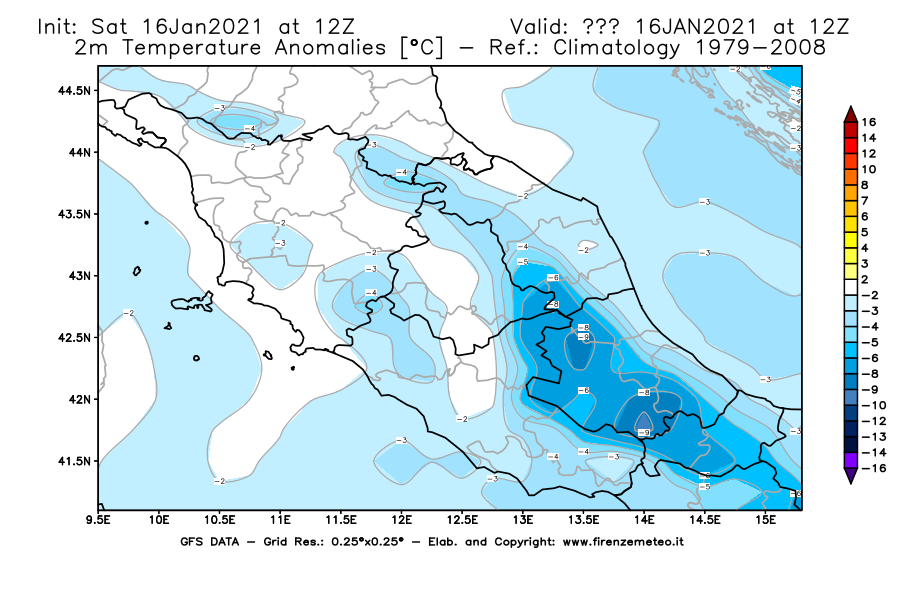 Mappa di analisi GFS - Anomalia Temperatura [°C] a 2 m in Centro-Italia
							del 16/01/2021 12 <!--googleoff: index-->UTC<!--googleon: index-->