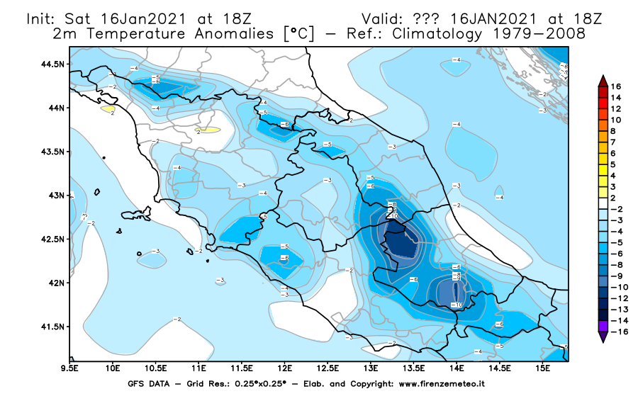 Mappa di analisi GFS - Anomalia Temperatura [°C] a 2 m in Centro-Italia
							del 16/01/2021 18 <!--googleoff: index-->UTC<!--googleon: index-->